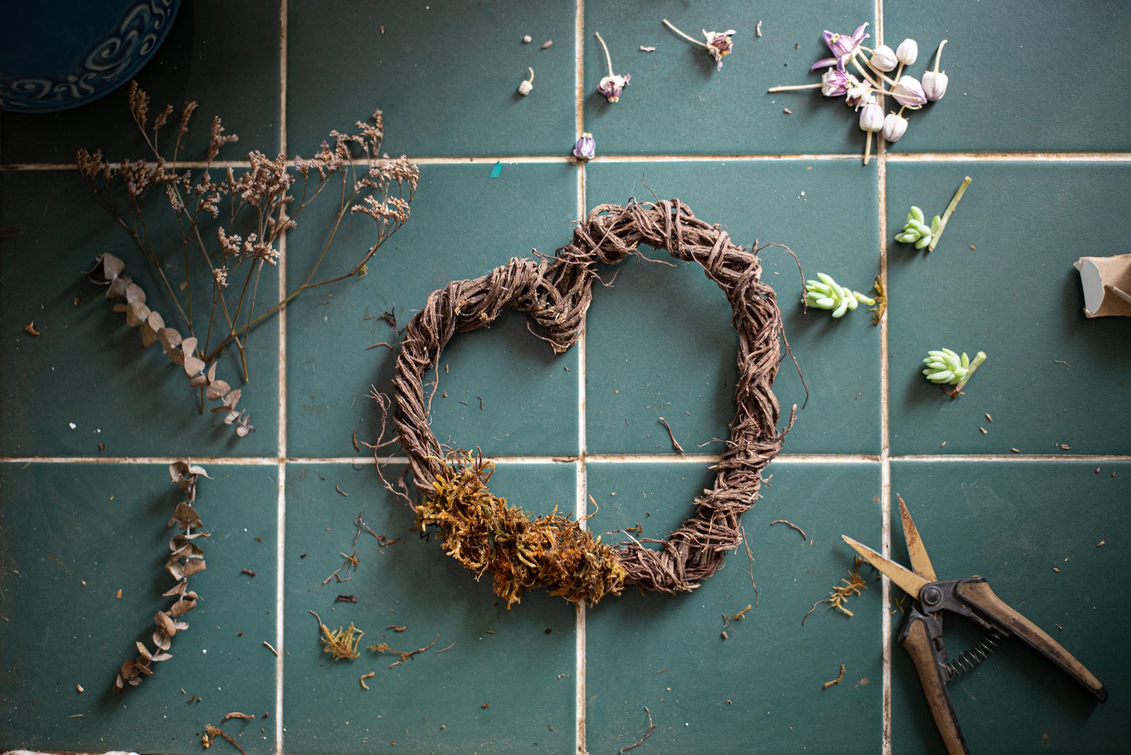 Making a wreath with dried botanicals